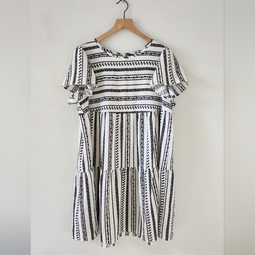 Women’s 1XL White Black Striped Print Midi Spring Summer Causal Dress NEW